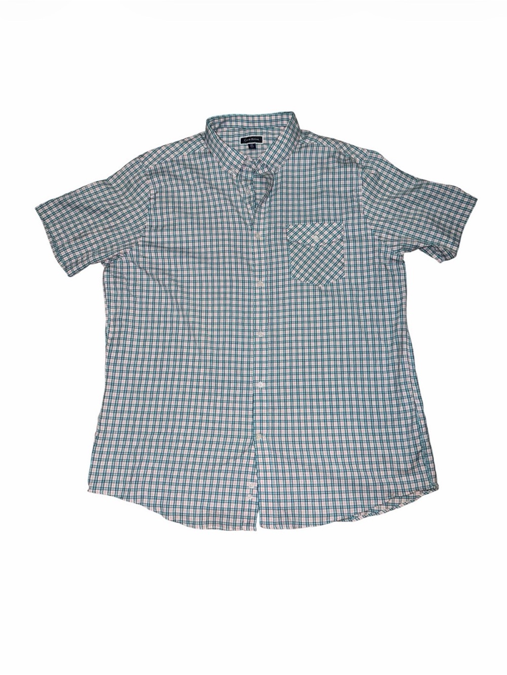 Club Room Men's Short Sleeve White and Blue Plaid Button-Up Shirt